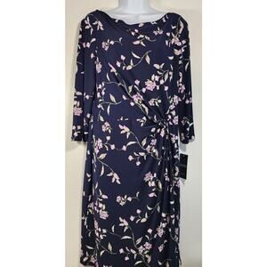 NWT Lauren Ralph Lauren Floral Knot Front Dress Navy Pink Size 14